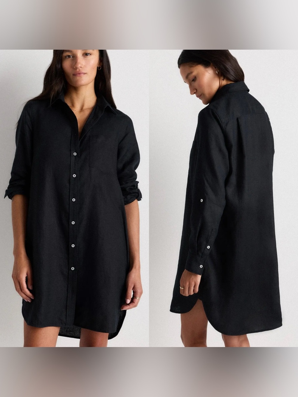 Quince European Linen Shirt Dress Button Up Black - Size Large